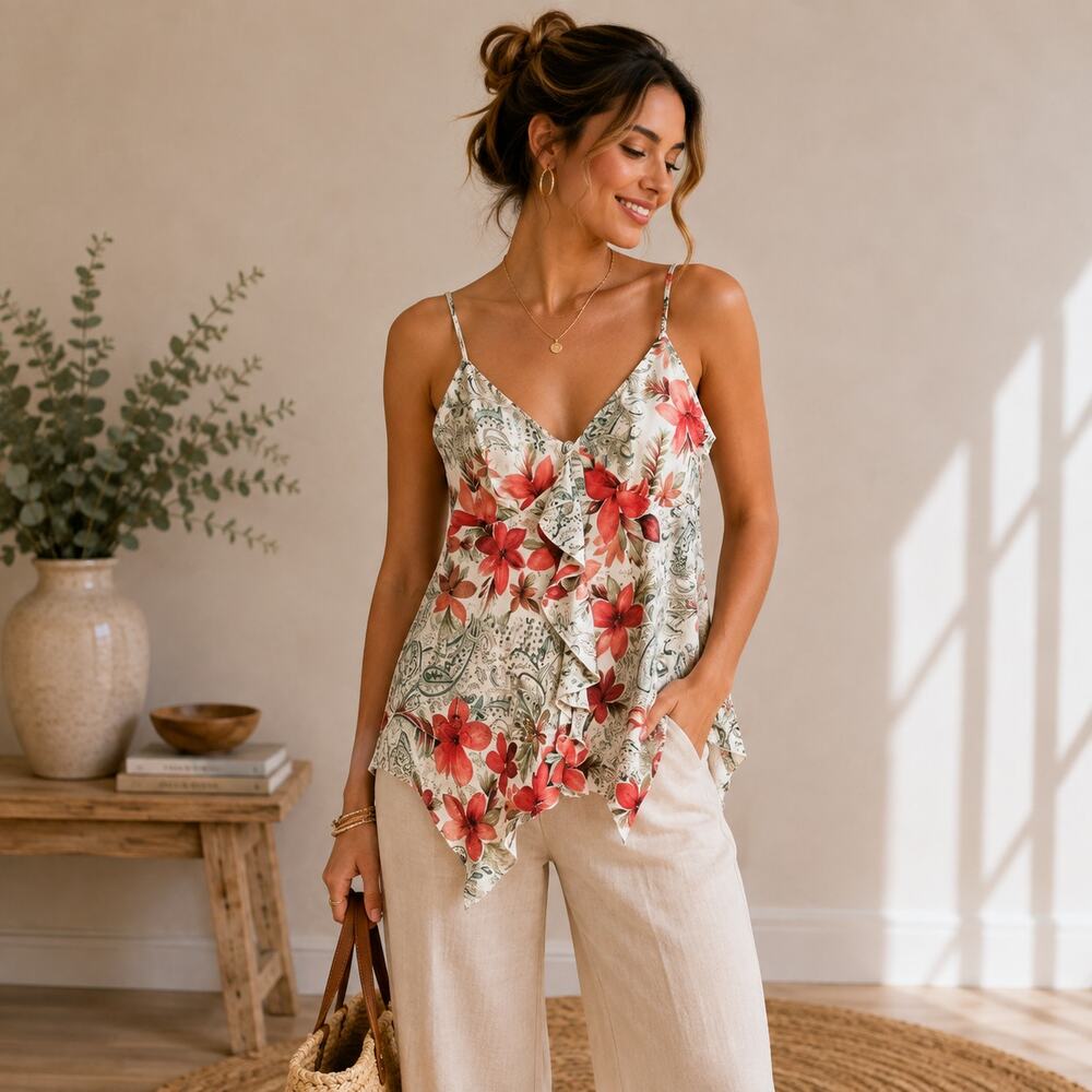 Ally B. Y2k Boho Flowy Asymmetrical Top Tank Camisole Blouse Sheer Ruffles Sz M